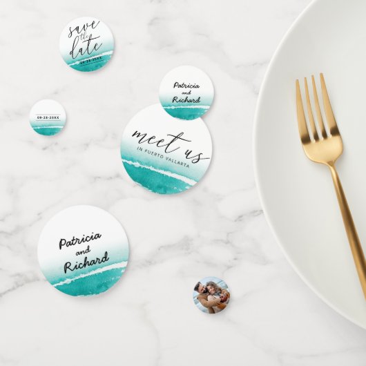 Ontmoet Ons Op Bestemming Trouw Teal Save The Date Confetti (Groep)