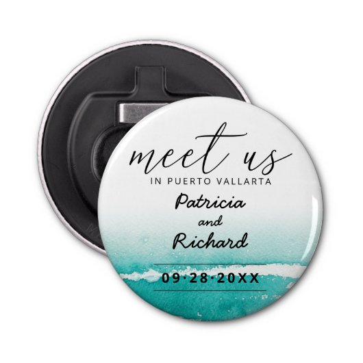 Ontmoet ons op bestemmingsuithuwelijken Blauwgroen Button Flesopener (Voorkant)