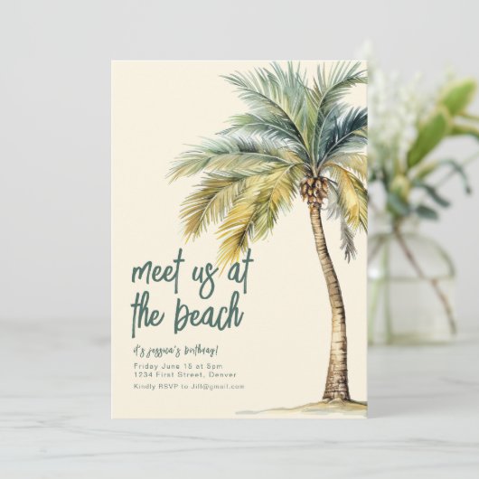 Ontmoet ons op de Beach Birthday Invite Kaart (Staand voorkant)