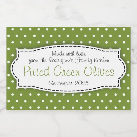 Ontpitte groene olijven polka bloem label voedselcontainer etiket (Enkel label)