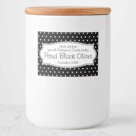Ontpitte zwarte olijven polka bloem label voedselcontainer etiket (Voorkant)