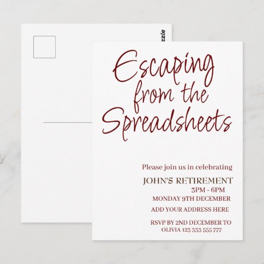 Ontsnappen uit de spreadsheets Funny Retirement Briefkaart (Voorkant / Achterkant)