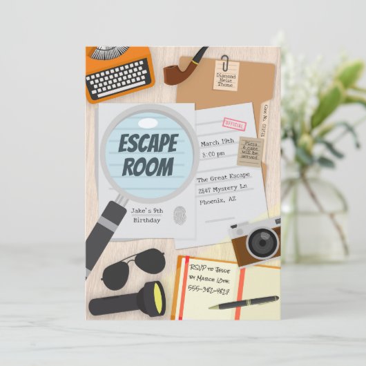 Ontsnappingskamer Detective Verjaardagsfeestuitnod Kaart (Staand voorkant)