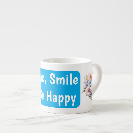 Ontspan glimlach wees blij gerbera bloemen blauw espresso kop (Voorkant rechts)