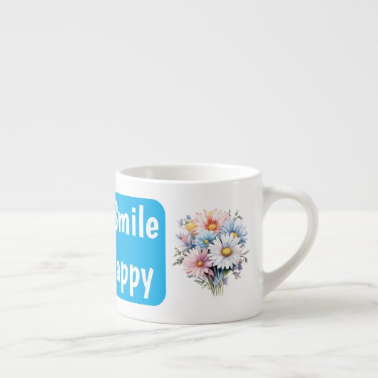 Ontspan glimlach wees blij gerbera bloemen blauw espresso kop (Rechts)