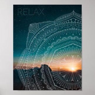 Ontspan Mandala Overlay Starry Sky Sunset Foto Poster