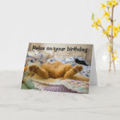 Ontspan op uw wenskaart van de verjaardags lui kat kaart (Gele Bloem)