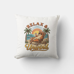 Ontspan & Uitwaaien Strandkat Vintage Gravure Ontw Kussen