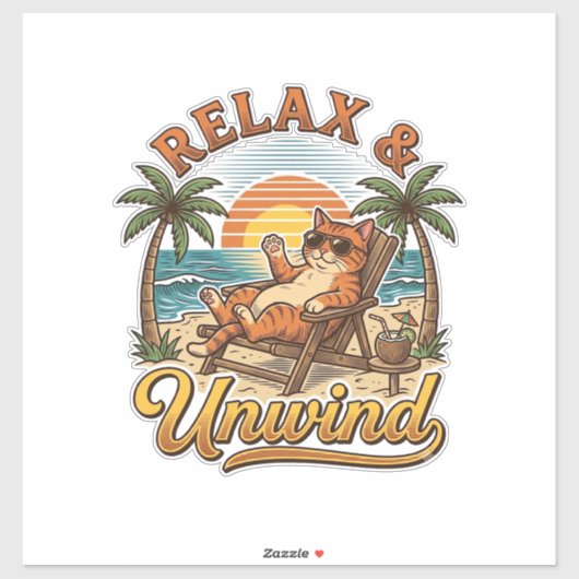 Ontspan & Uitwaaien Strandkat Vintage Gravure Ontw Sticker (Vel)