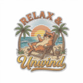 Ontspan & Uitwaaien Strandkat Vintage Gravure Ontw Sticker (Voorkant)