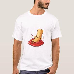 Ontspannen frietpersonage dat lui in ketchup ligt t-shirt