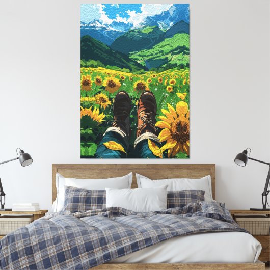 Ontspannen in het zonnebloemparadijs canvas afdruk (Insitu (Slaapkamer))
