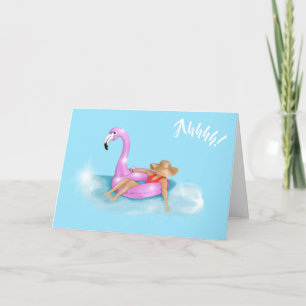 Ontspannen in het zwembad op een roze flamingo dri kaart
