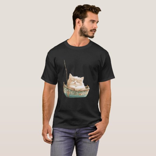 Ontspannen kat in sierboot dier kunst t-shirt (Voorkant volledig)