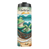 Ontspannen kikker in strand hangmat thermosbeker (Voorkant)