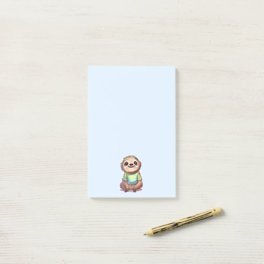 Ontspannen lachende luiaard zitten met gekruiste b post-it® notes (Op bureau)