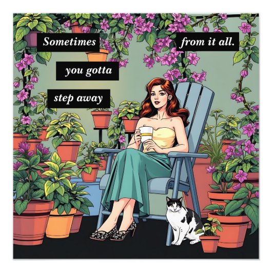 Ontspannen met koffie, Planten en katten Foto Afdruk (Voorkant)