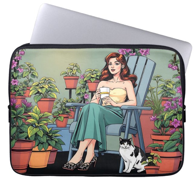 Ontspannen met koffie, Planten en katten Laptop Sleeve (Voorkant)