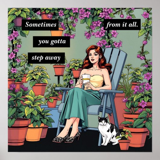 Ontspannen met koffie, Planten en katten Poster (Voorkant)