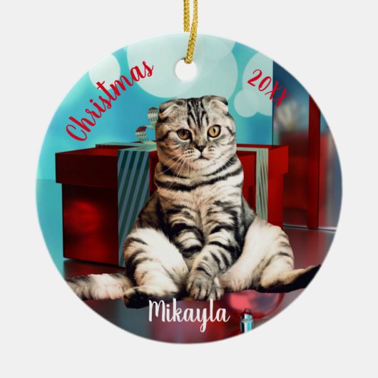 Ontspannen Scottish Fold Kat Kerstmis Keramisch Ornament (Voorkant)