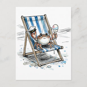 Ontspannen strandkrab genietend van ijsje inkt ill briefkaart