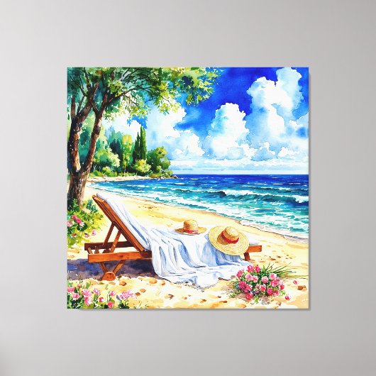 Ontspannend strandtafereel met ligstoel canvas afdruk (Voorkant)