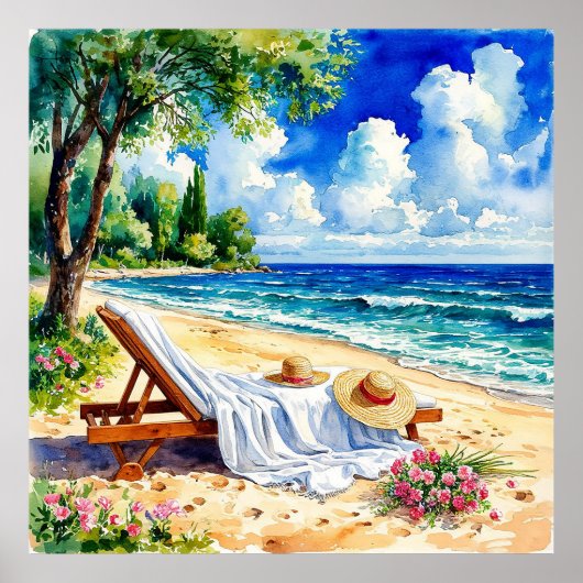 Ontspannend strandtafereel met ligstoel poster (Voorkant)