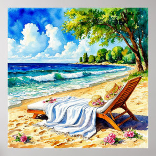 Ontspannend strandtafereel met ligstoel poster