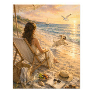 Ontspannende stranddag hond watercolor kunst foto afdruk