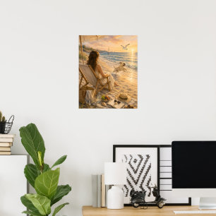 Ontspannende stranddag hond watercolor kunst poster