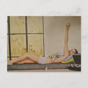 Ontspannende vintage vrouw 1957 afslankadvertentie briefkaart