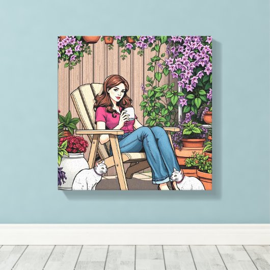 ontspanningsdag | Vrouwen met Planten, katten en k Canvas Afdruk (Insitu (Houten vloer))