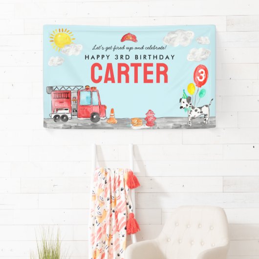 Ontsteek Fire Truck Brandweerman Kinderen Verjaard Spandoek (Insitu)