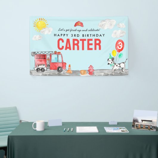 Ontsteek Fire Truck Brandweerman Kinderen Verjaard Spandoek (Beurs)