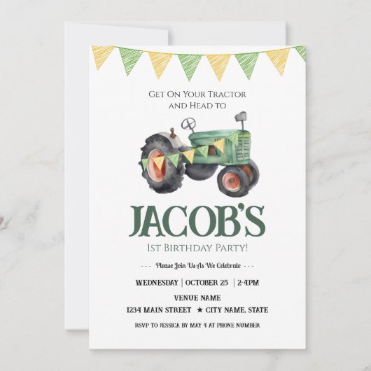 Ontvang je tractor 1e verjaardag uitnodiging (Voorkant)