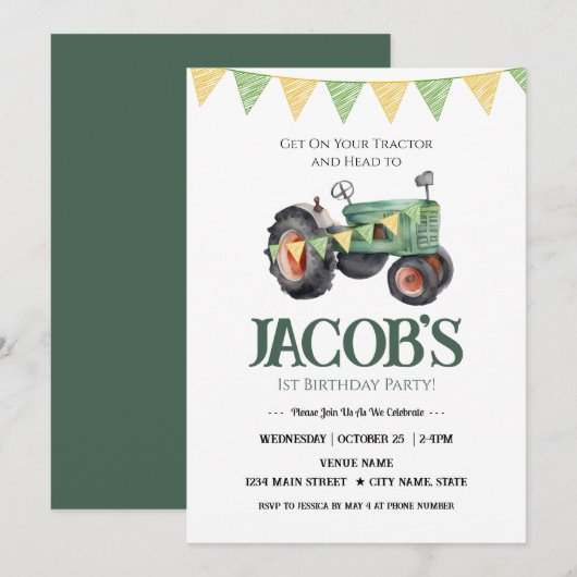 Ontvang je tractor 1e verjaardag uitnodiging (Voorkant / Achterkant)