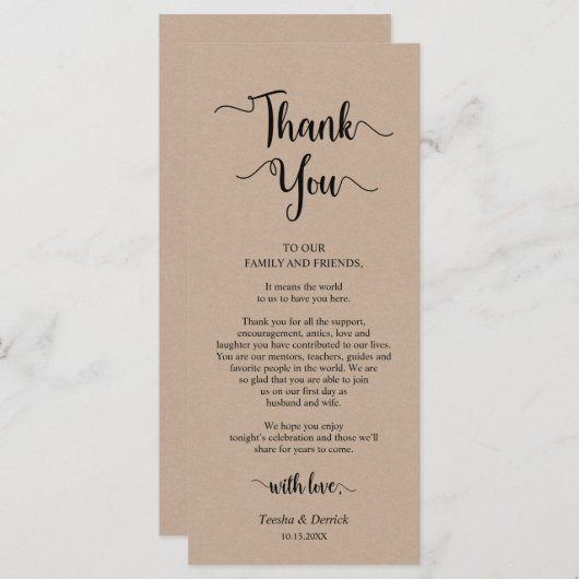 Ontvang plaatsinstelling Dank u, Kraft-kaarten Programmakaart (Voorkant / Achterkant)