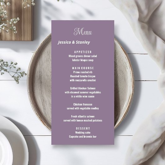 Ontvangingsmenu van Elegant script lavender bruilo Menu