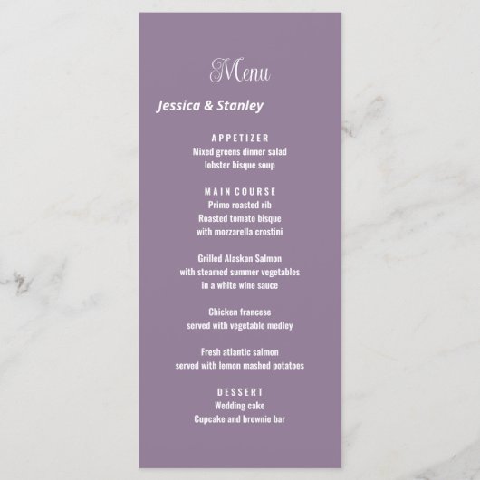 Ontvangingsmenu van Elegant script lavender bruilo Menu (Voorkant)