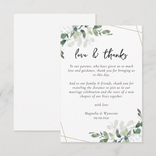 Ontvangingstabel voor eucalyptus Weddenschappen Bedankkaart (Voorkant / Achterkant)
