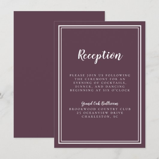 Ontvangingsweddenschap Classic Paars White Simple Informatiekaartje (Voorkant / Achterkant)