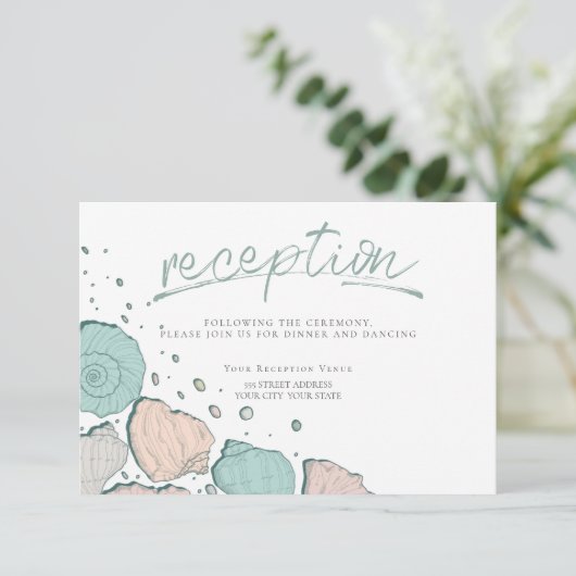 ONTVANGST | Casual zeeschelpen in koraal en Blauwg Kaart (Staand voorkant)