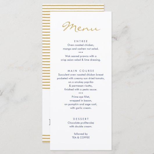 ONTVANGST DINNER MENU stijlvol marinegoud kruis (Voorkant / Achterkant)