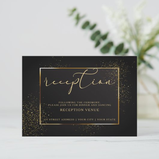 ONTVANGST | Elegant Black en Gold Glitter Kaart (Staand voorkant)