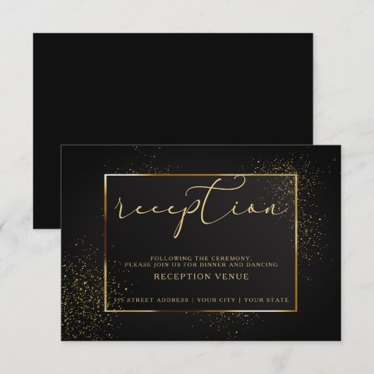 ONTVANGST | Elegant Black en Gold Glitter Kaart (Voorkant / Achterkant)