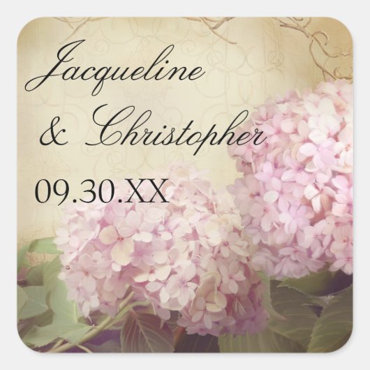  ontvangst Favor Seals Blush Pink Hydrangeas Vierkante Sticker (Voorkant)