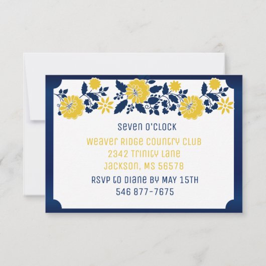 Ontvangst - marineblauw en geel huwelijk kaart (Achterkant)