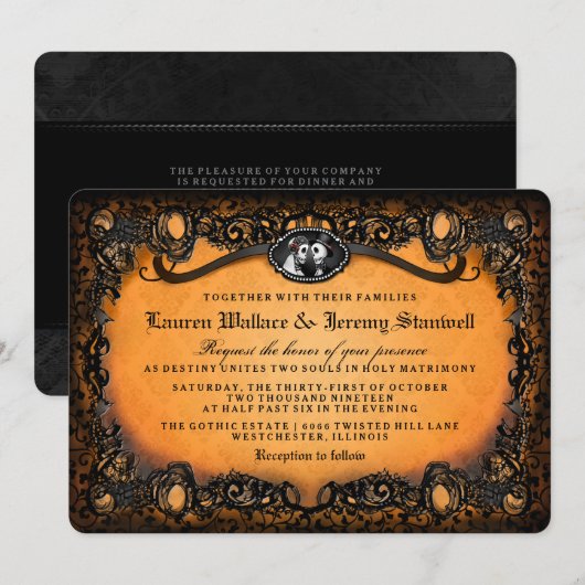 ONTVANGST Oranje zwarte Halloween Skeletons INFO Kaart (Voorkant / Achterkant)