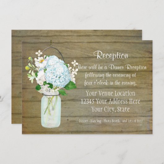Ontvangst Rustisch land Mason Jar Blue Hydrangeas Kaart (Voorkant / Achterkant)