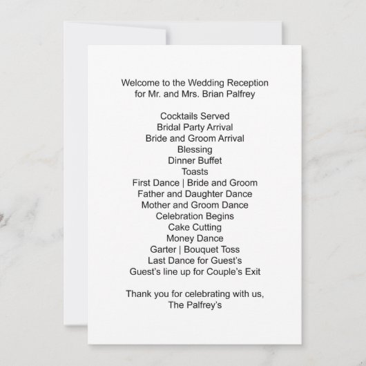 Ontvangst Schema de heer en mevrouw Palfrey Kaart (Voorkant)